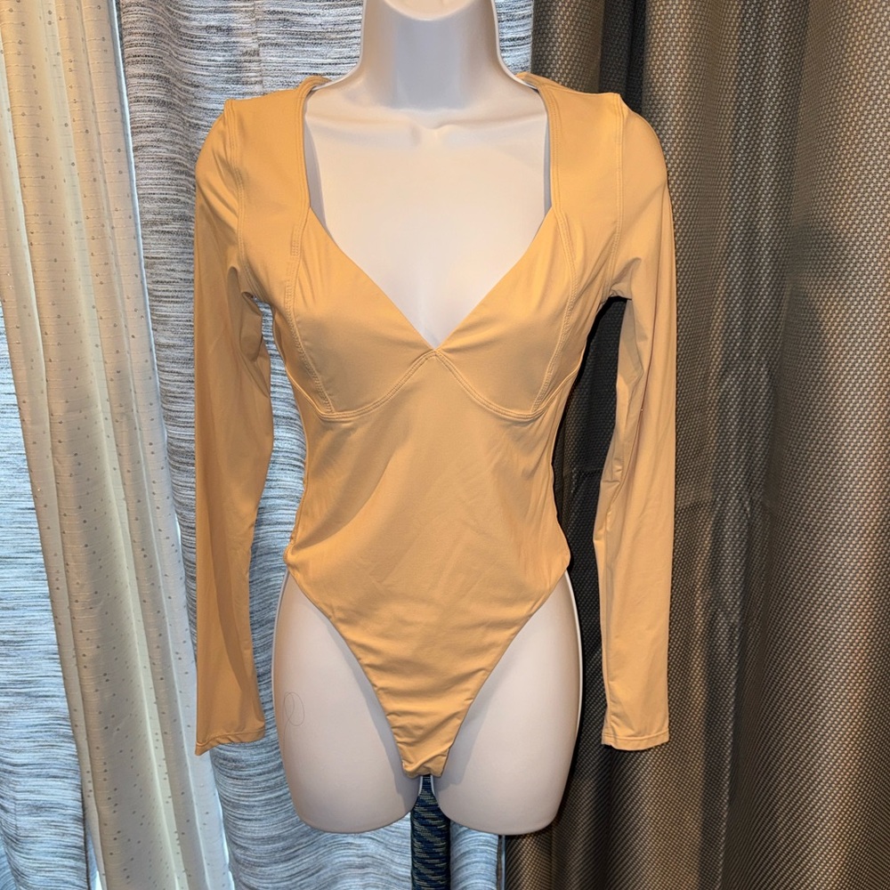 Long Sleeve Nude Bodysuit with V-Neck